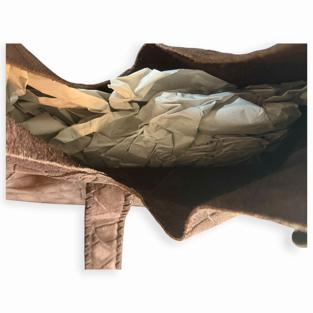 Haute Hippie Triangle Hobo Bag Brown Croc-Embossed Suede Leather Shoulder Purse - Picture 9 of 9